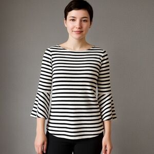 [NWOT] Green Envelope Black and White Striped Bell Sleeve Top